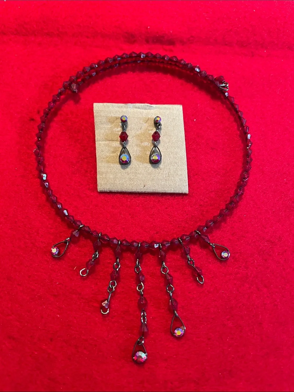 Red Crystal Teardrop Fringe Necklace and Earrings Set